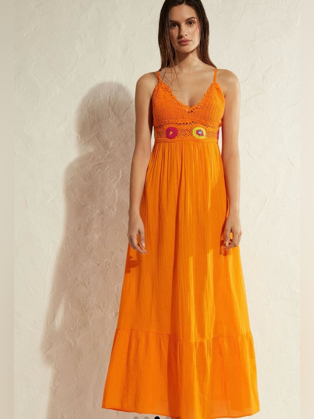 Calzedonia Italy Boho Crochet Maxi Dress Orange Festival Resort Vacation L